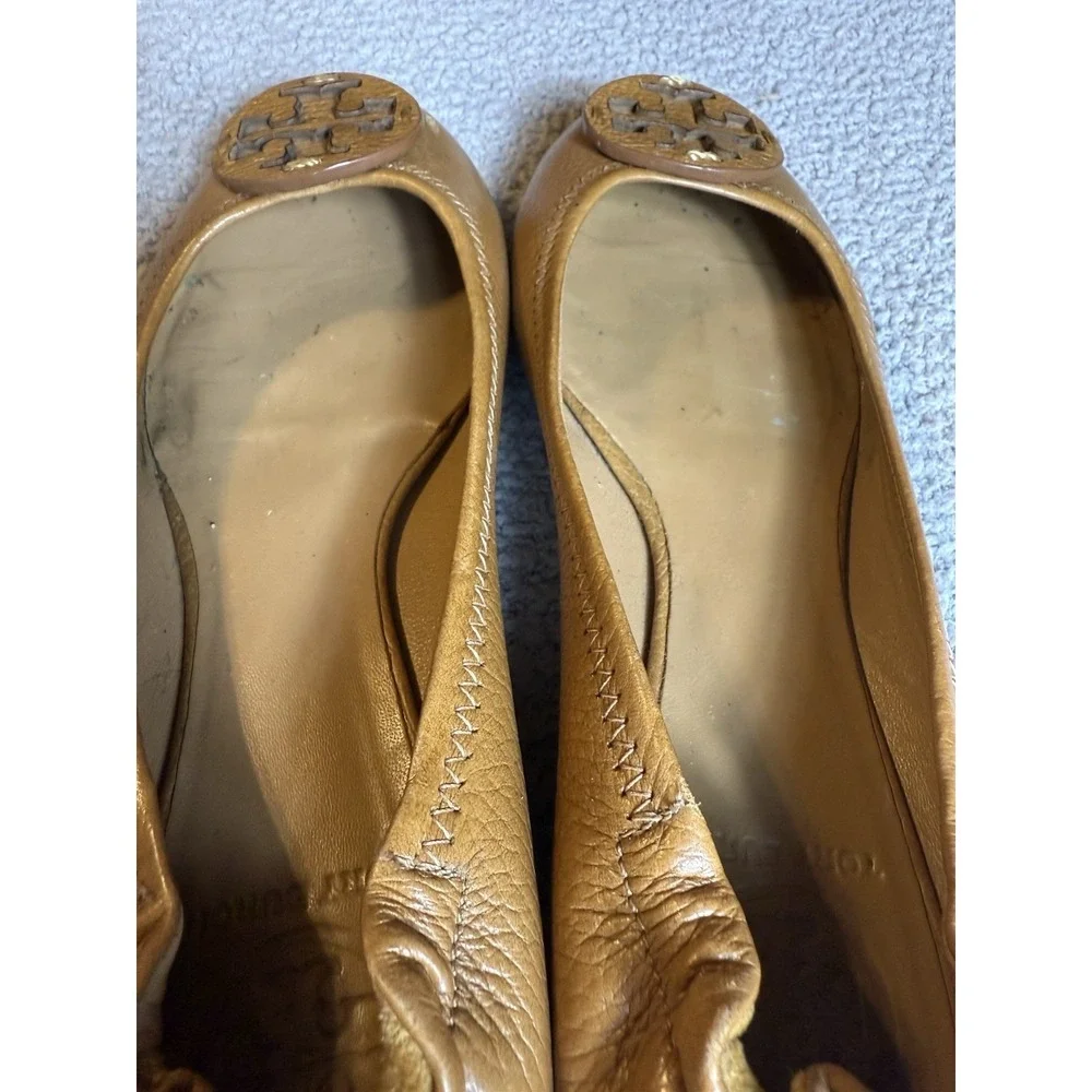 TORY BURCH Flats Minnie Travel Ballet Shoe Women 8M Tan Genuine Leather Logo